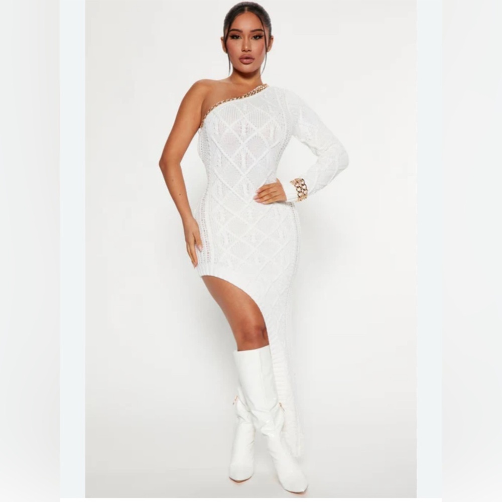 L’Atiste by Amy White Cable Knit One-Shoulder Mini Dress — Size M | NWT